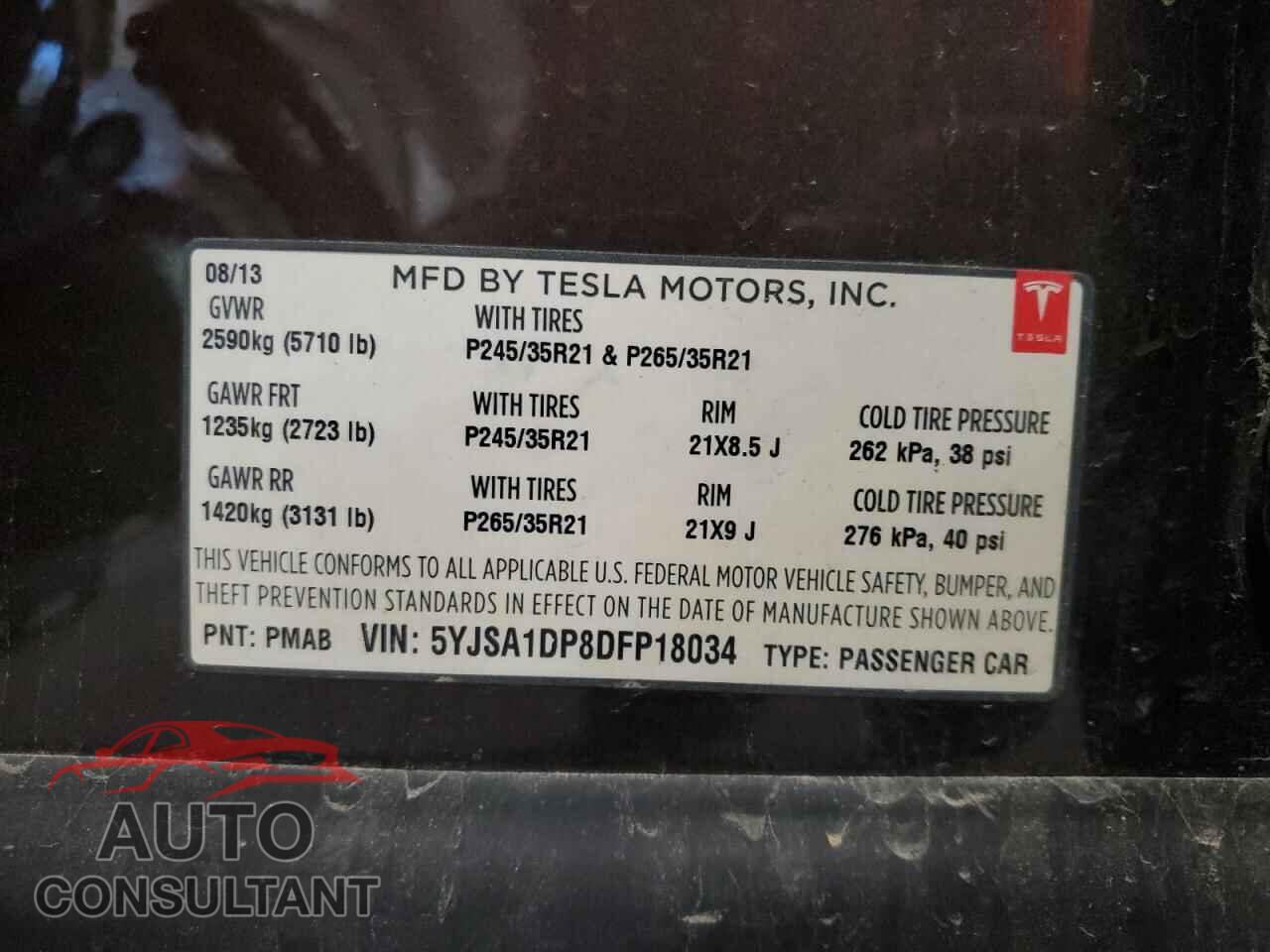 TESLA MODEL S 2013 - 5YJSA1DP8DFP18034