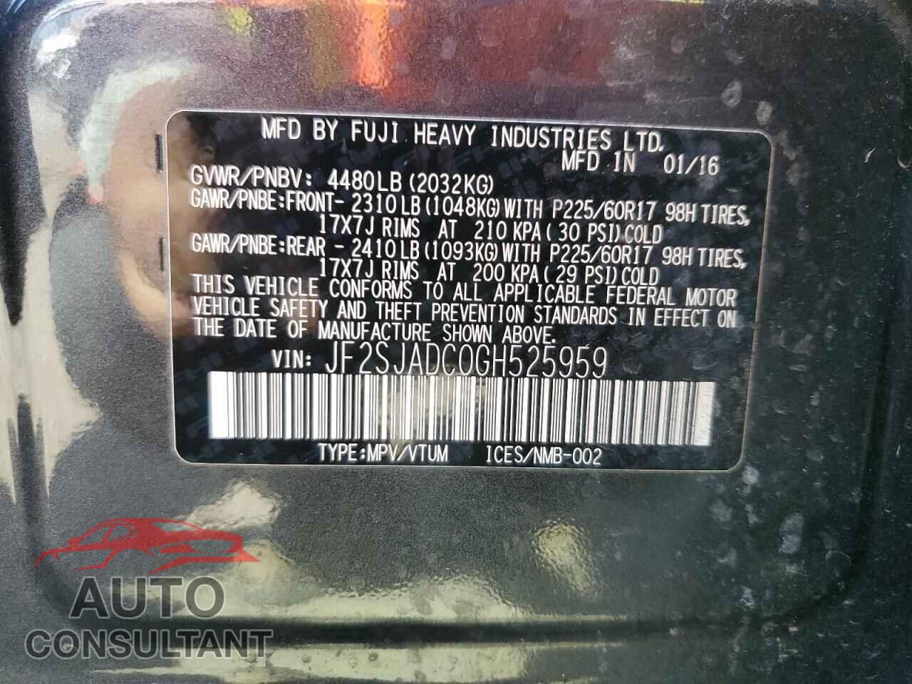 SUBARU FORESTER 2016 - JF2SJADC0GH525959