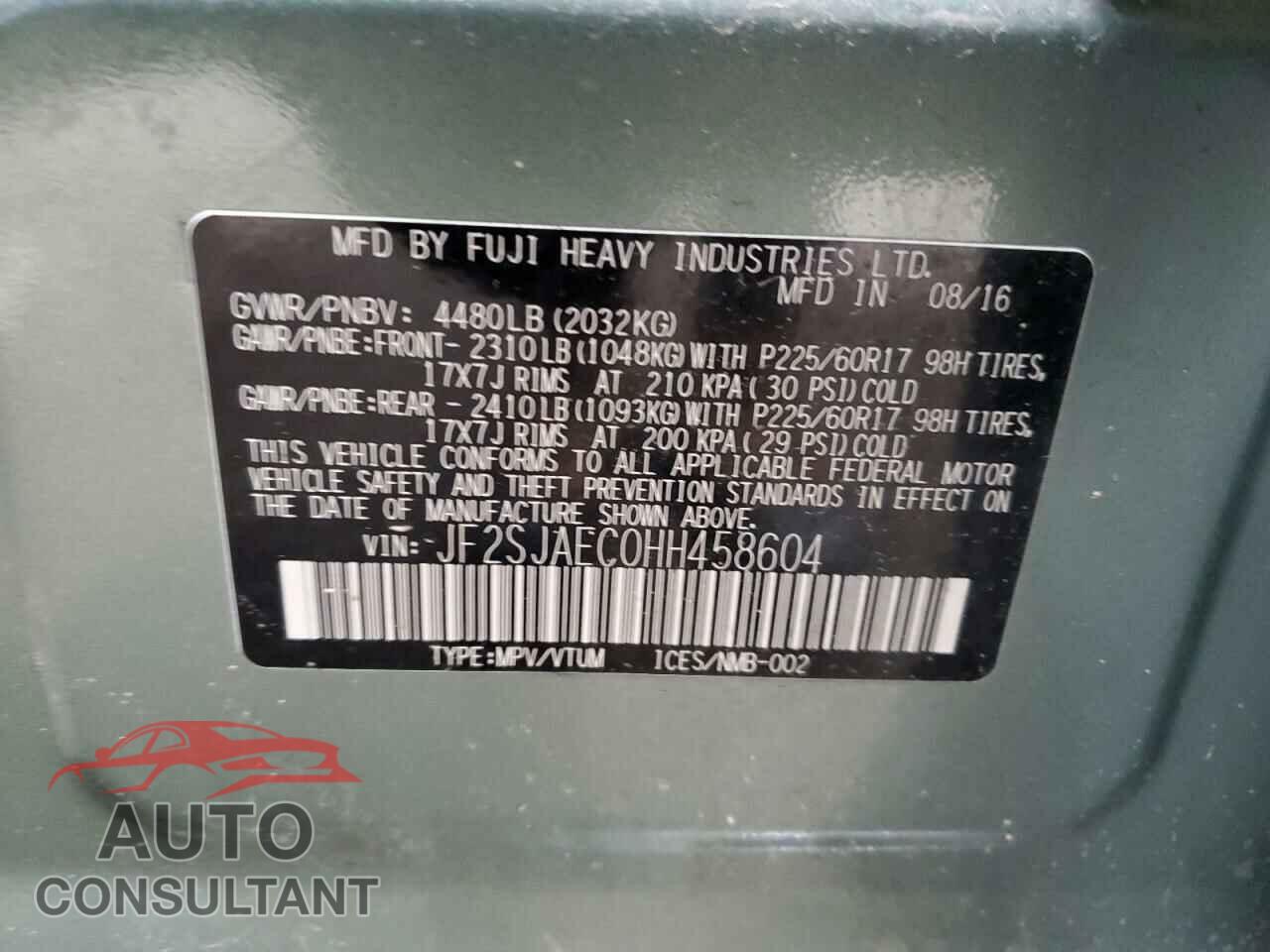SUBARU FORESTER 2017 - JF2SJAEC0HH458604