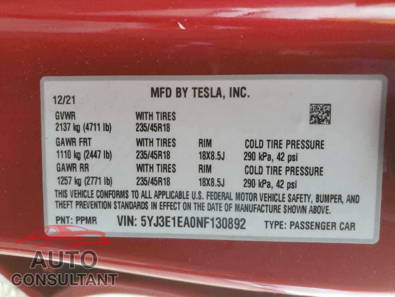 TESLA MODEL 3 2022 - 5YJ3E1EA0NF130892