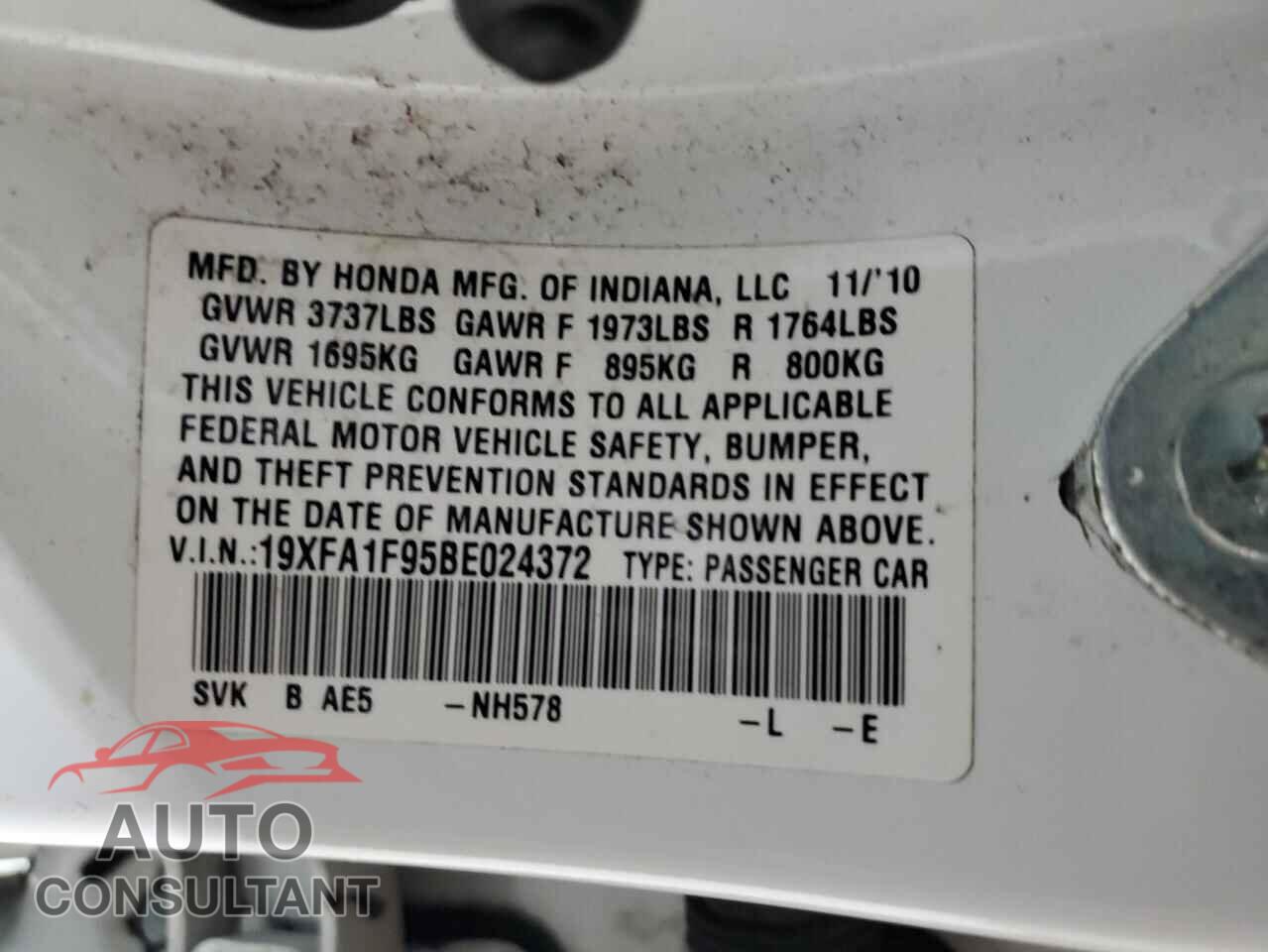 HONDA CIVIC 2011 - 19XFA1F95BE024372