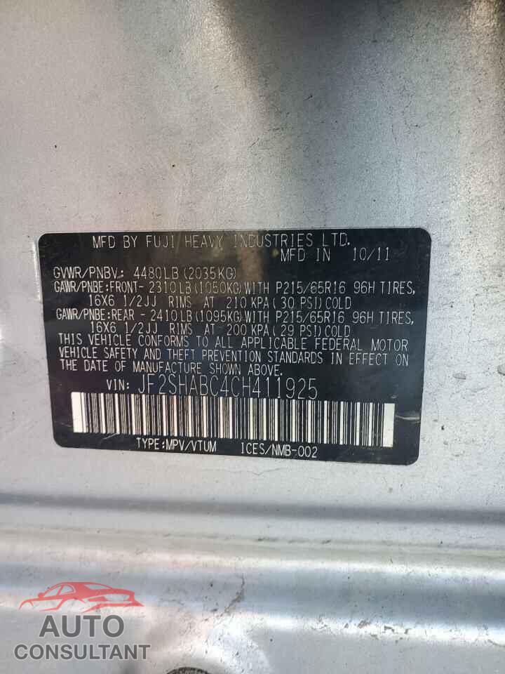 SUBARU FORESTER 2012 - JF2SHABC4CH411925