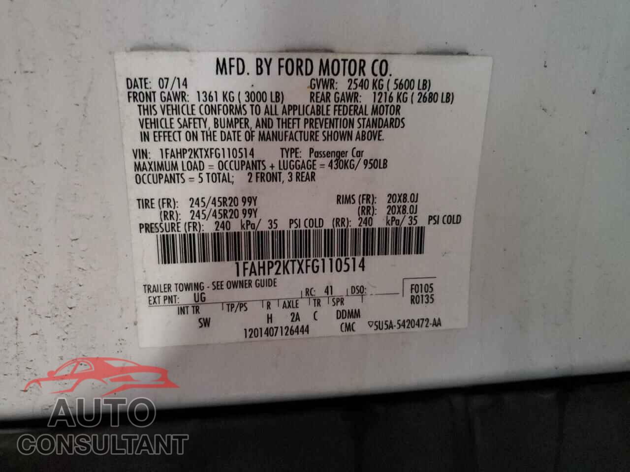 FORD TAURUS 2015 - 1FAHP2KTXFG110514