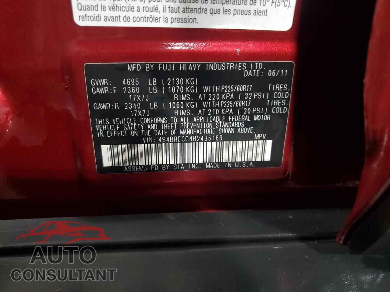 SUBARU OUTBACK 2011 - 4S4BRECC4B2435169