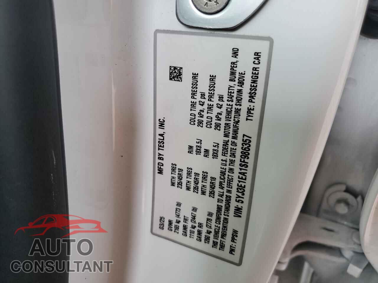 TESLA MODEL 3 2025 - 5YJ3E1EA1SF986357