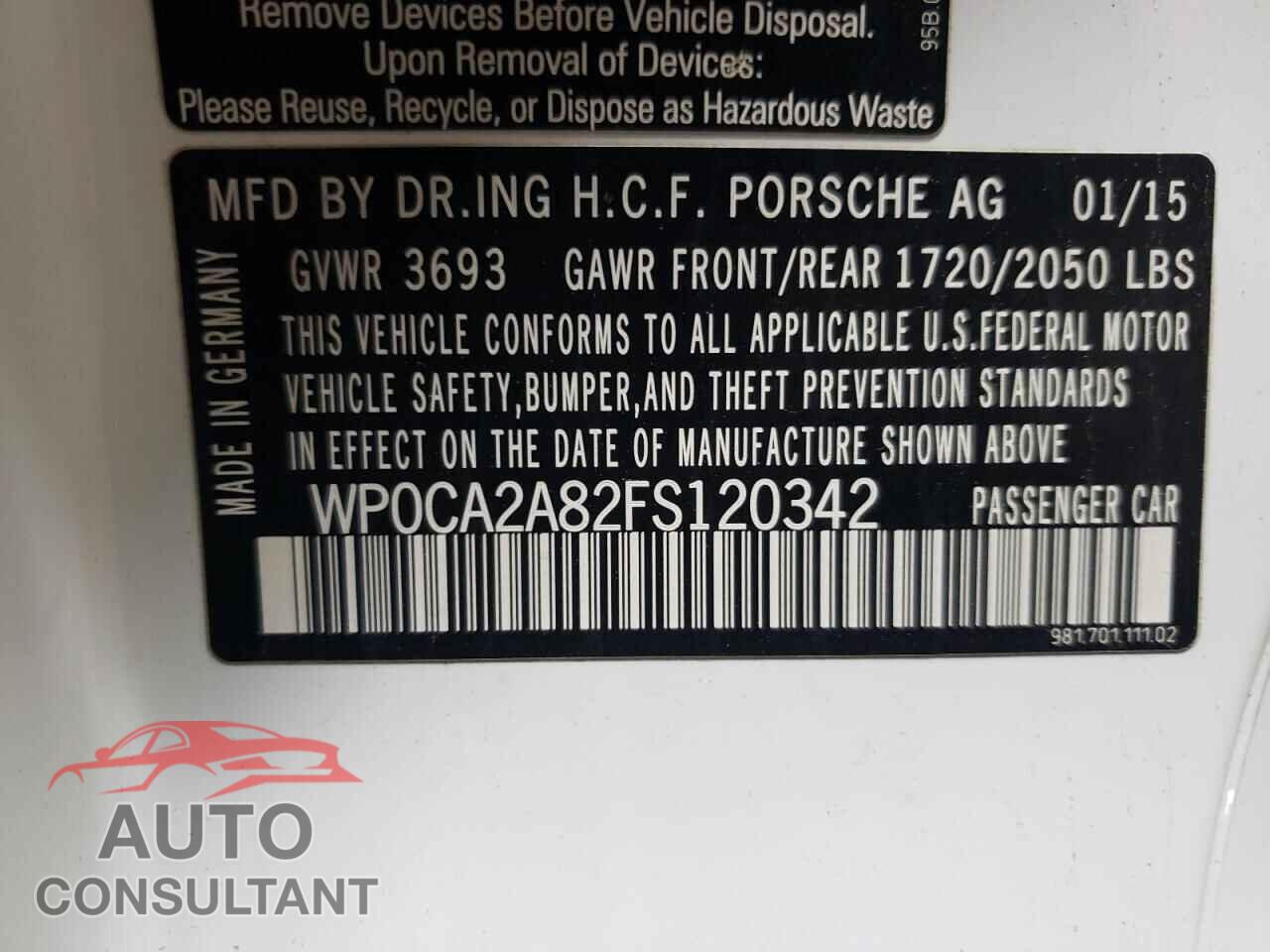 PORSCHE BOXSTER 2015 - WP0CA2A82FS120342