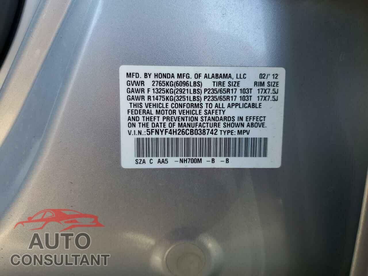 HONDA PILOT 2012 - 5FNYF4H26CB038742