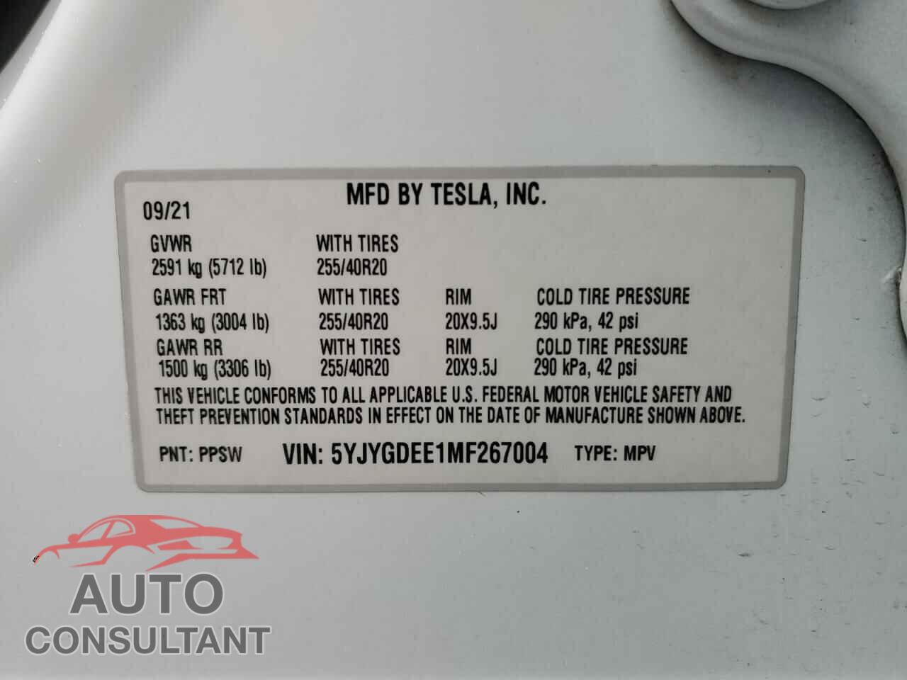 TESLA MODEL Y 2021 - 5YJYGDEE1MF267004