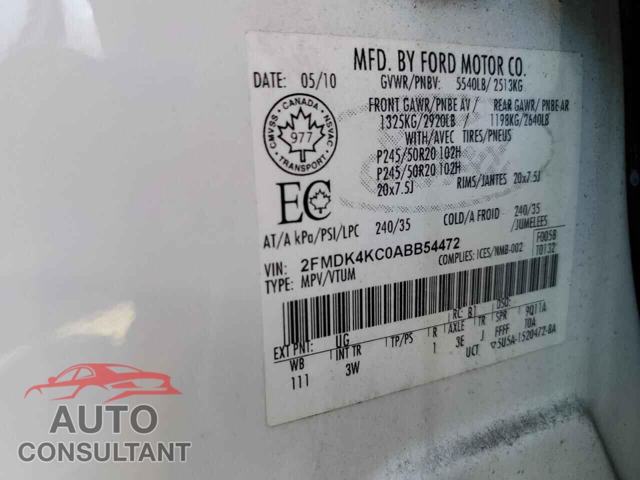 FORD EDGE 2010 - 2FMDK4KC0ABB54472