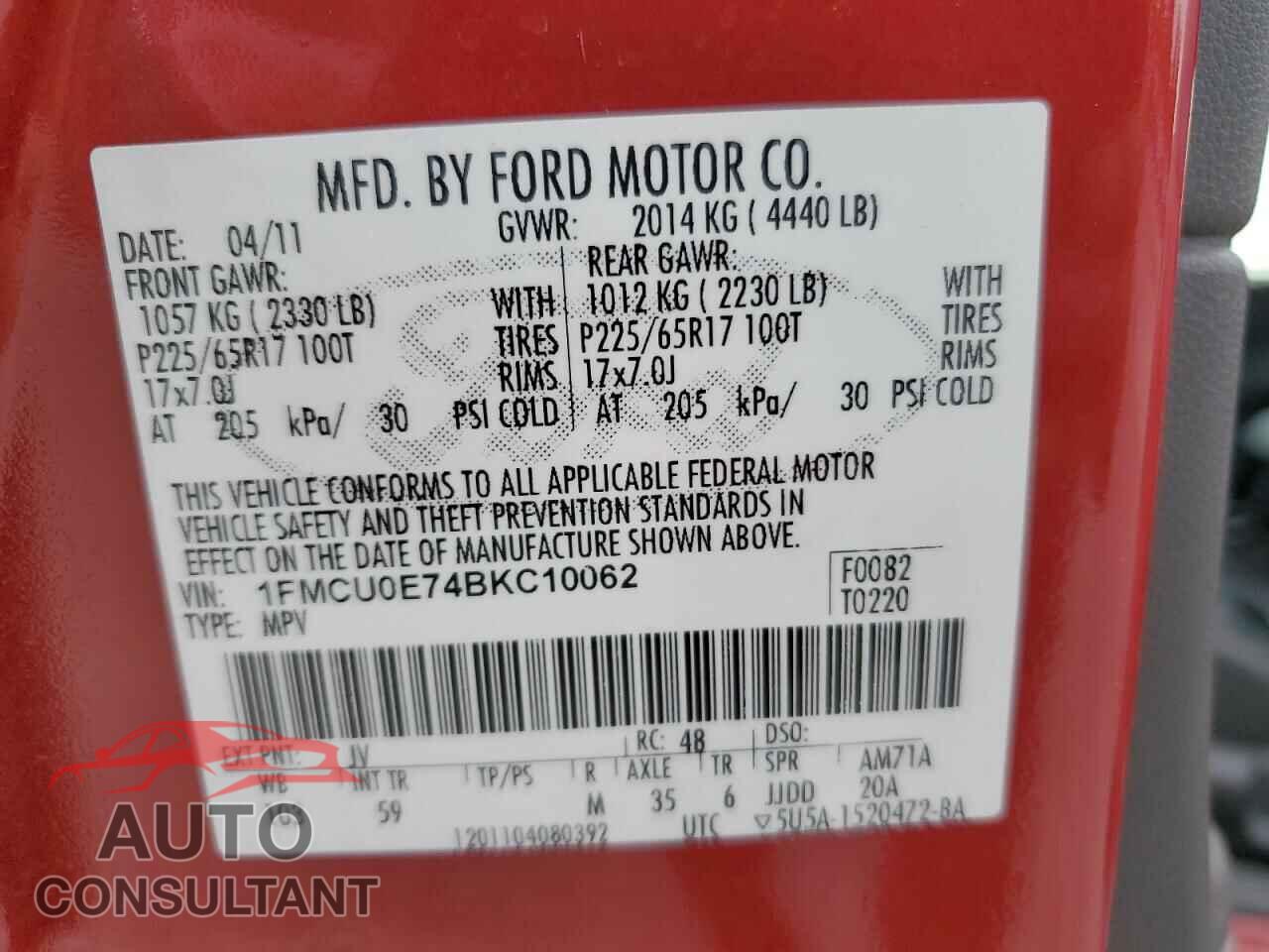 FORD ESCAPE 2011 - 1FMCU0E74BKC10062