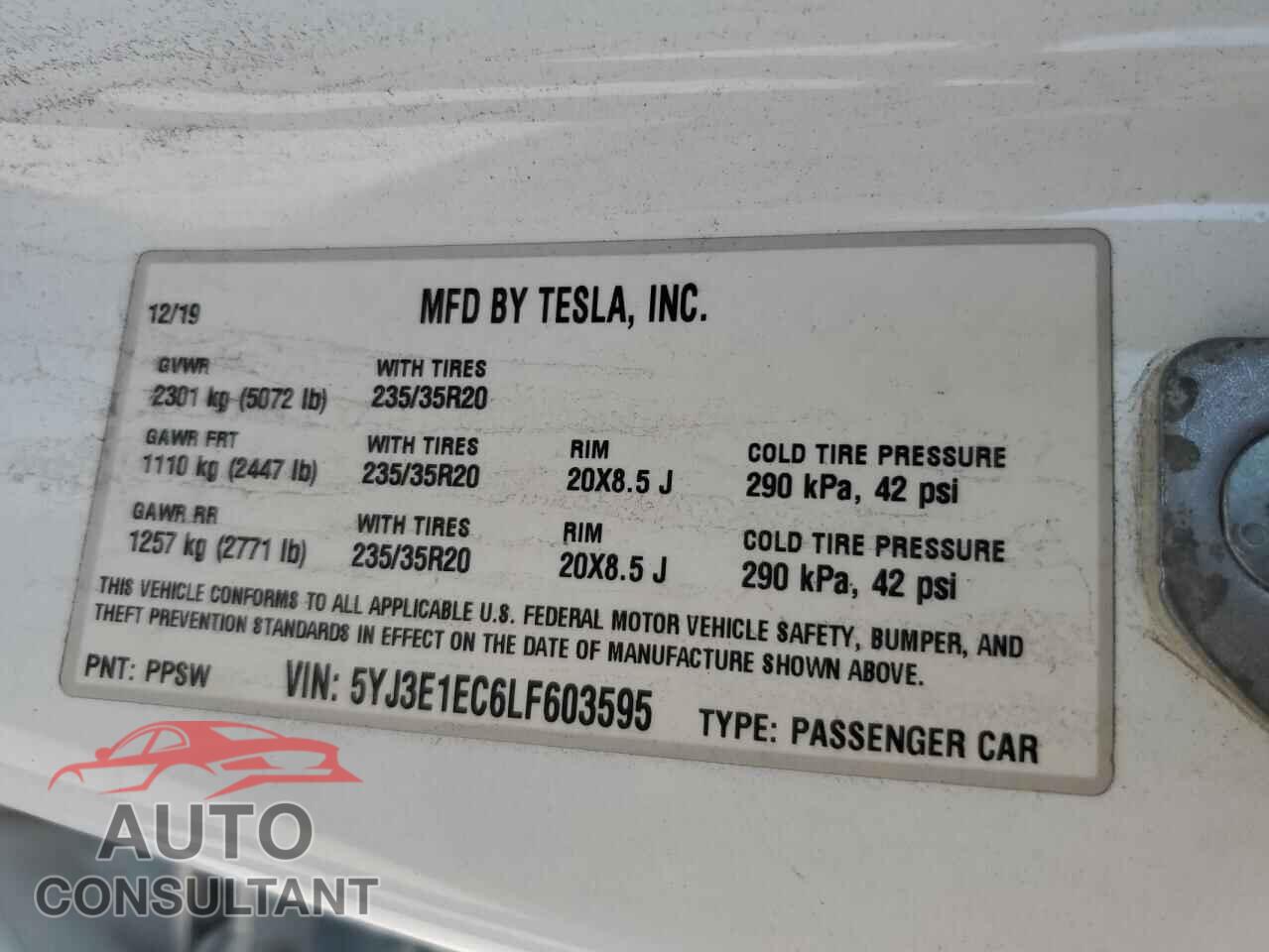 TESLA MODEL 3 2020 - 5YJ3E1EC6LF603595