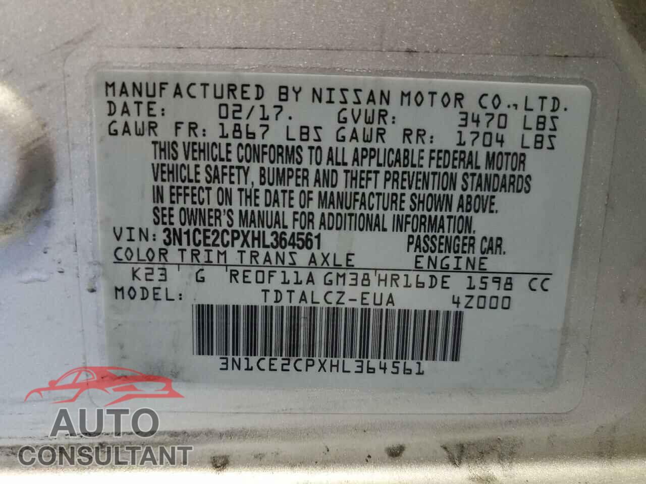 NISSAN VERSA 2017 - 3N1CE2CPXHL364561