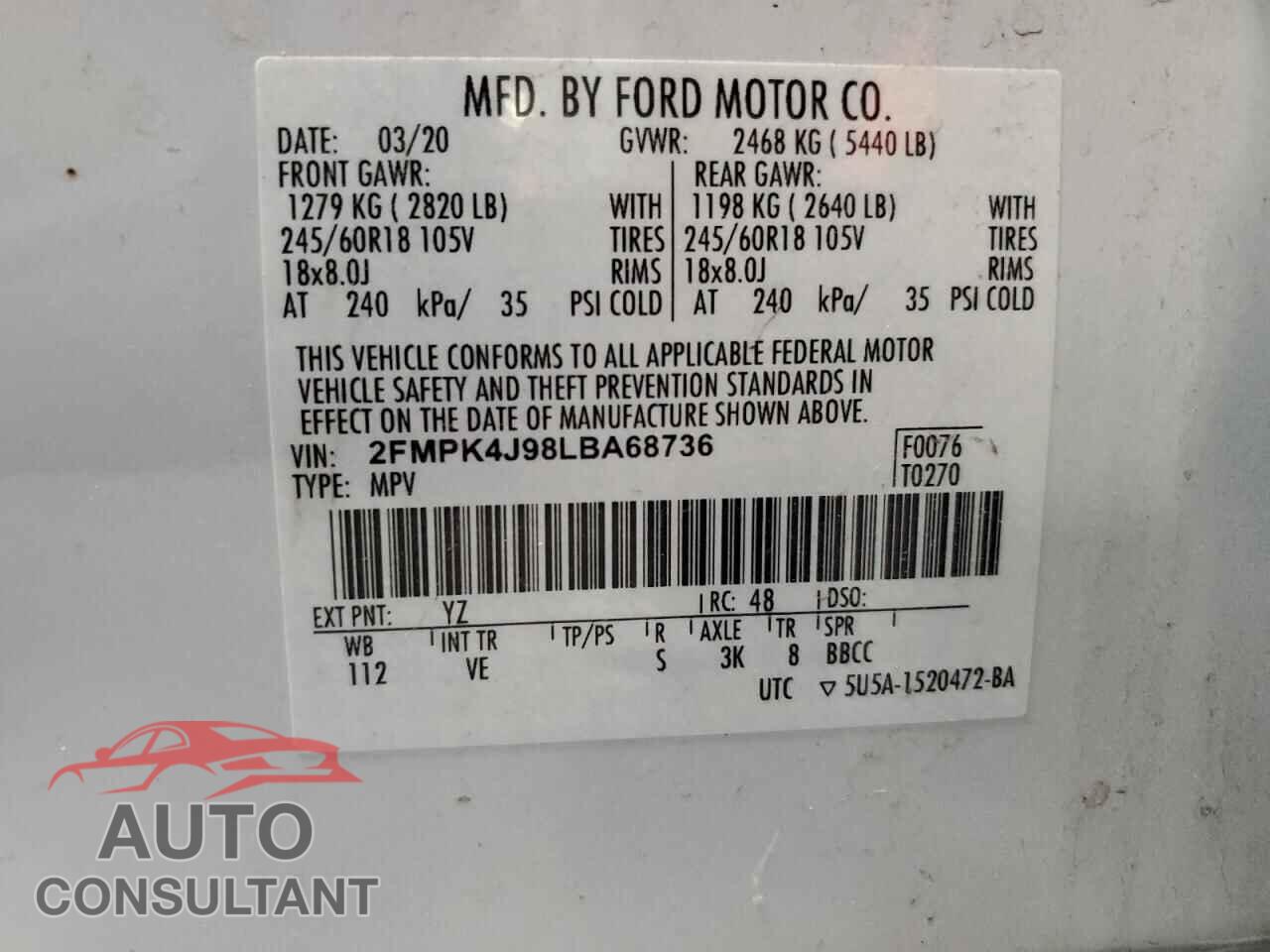 FORD EDGE 2020 - 2FMPK4J98LBA68736