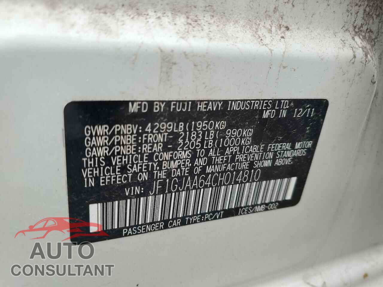 SUBARU IMPREZA 2012 - JF1GJAA64CH014810