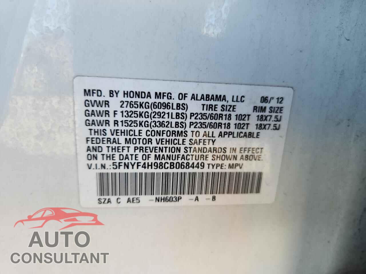 HONDA PILOT 2012 - 5FNYF4H98CB068449