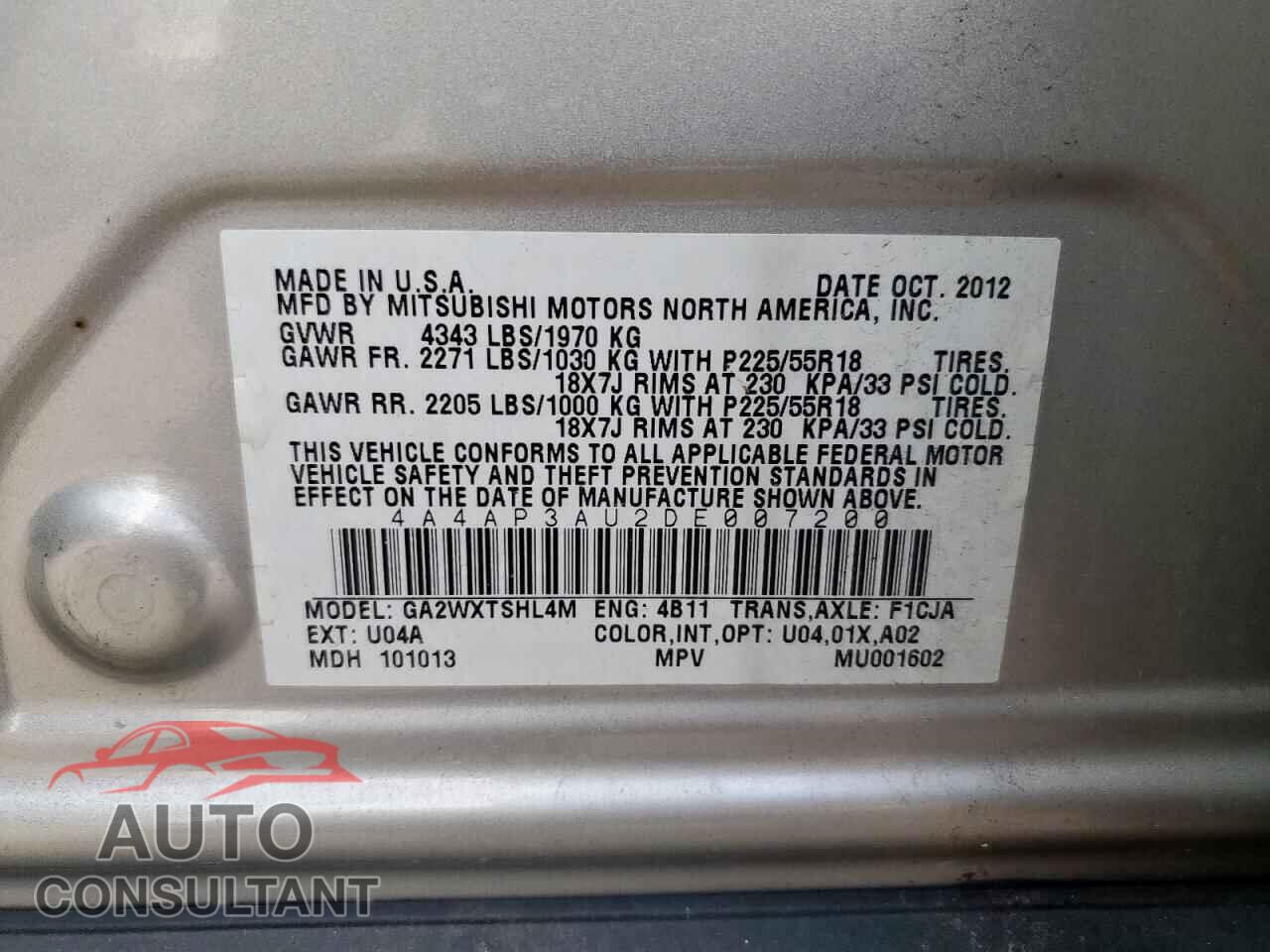 MITSUBISHI OUTLANDER 2013 - 4A4AP3AU2DE007200