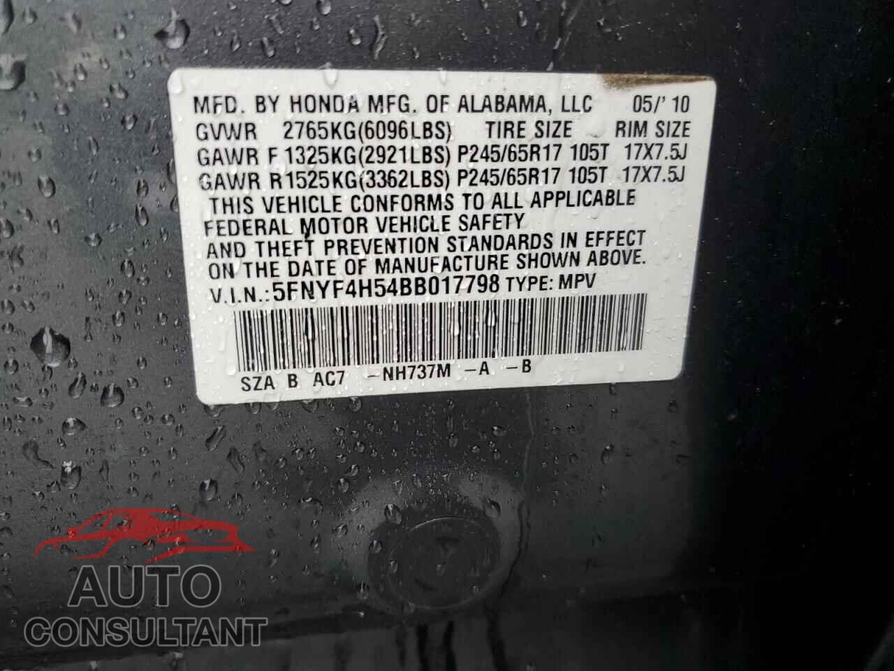HONDA PILOT 2011 - 5FNYF4H54BB017798