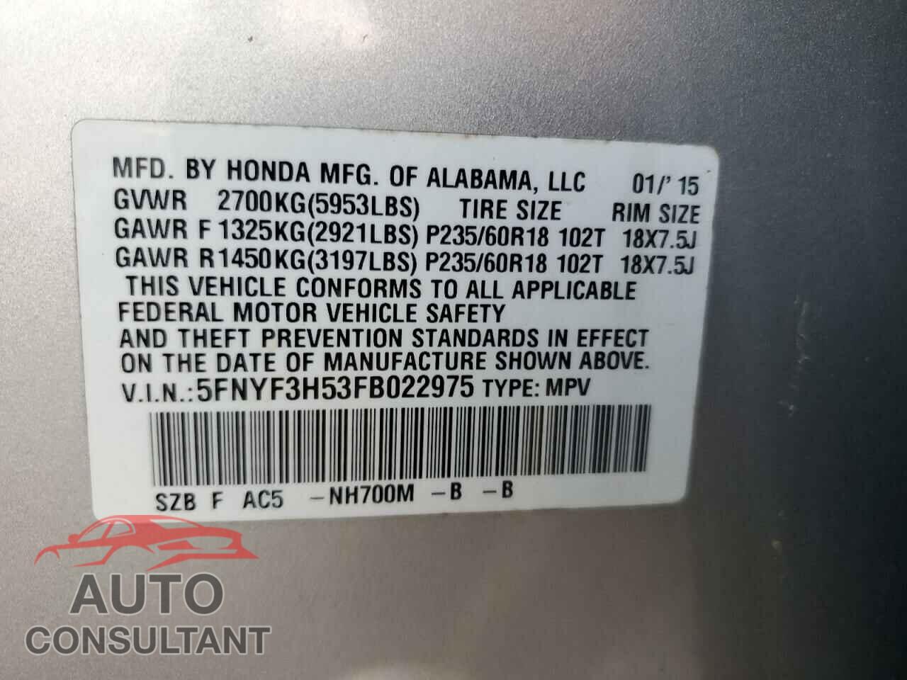 HONDA PILOT 2015 - 5FNYF3H53FB022975