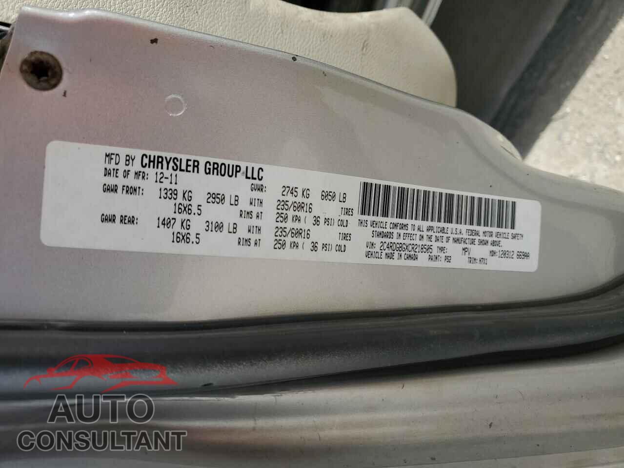 DODGE CARAVAN 2012 - 2C4RDGBGXCR218505
