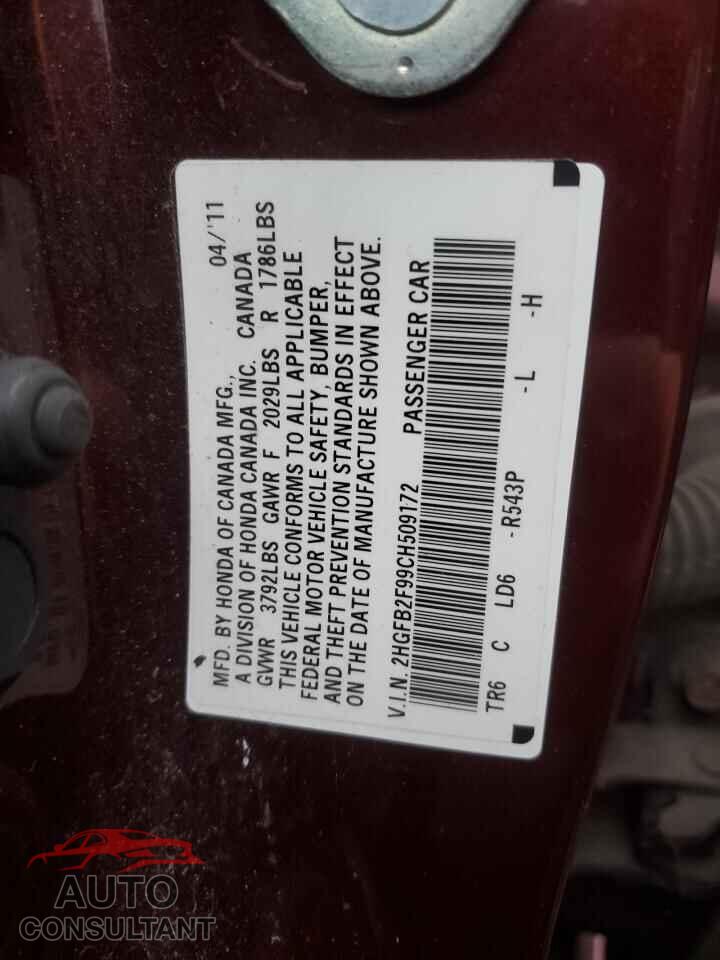 HONDA CIVIC 2012 - 2HGFB2F99CH509172