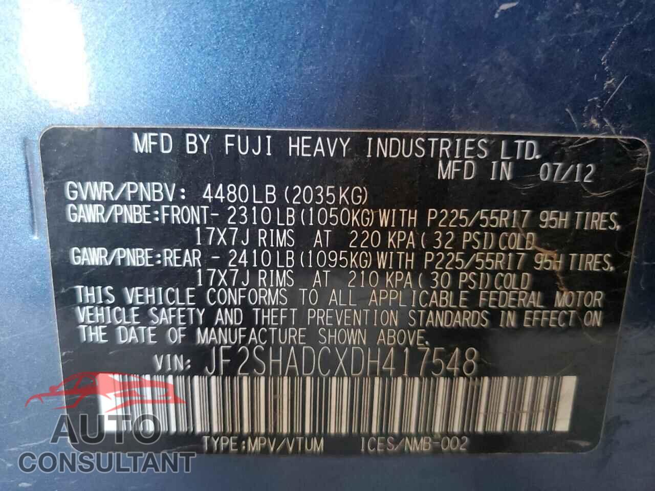 SUBARU FORESTER 2013 - JF2SHADCXDH417548