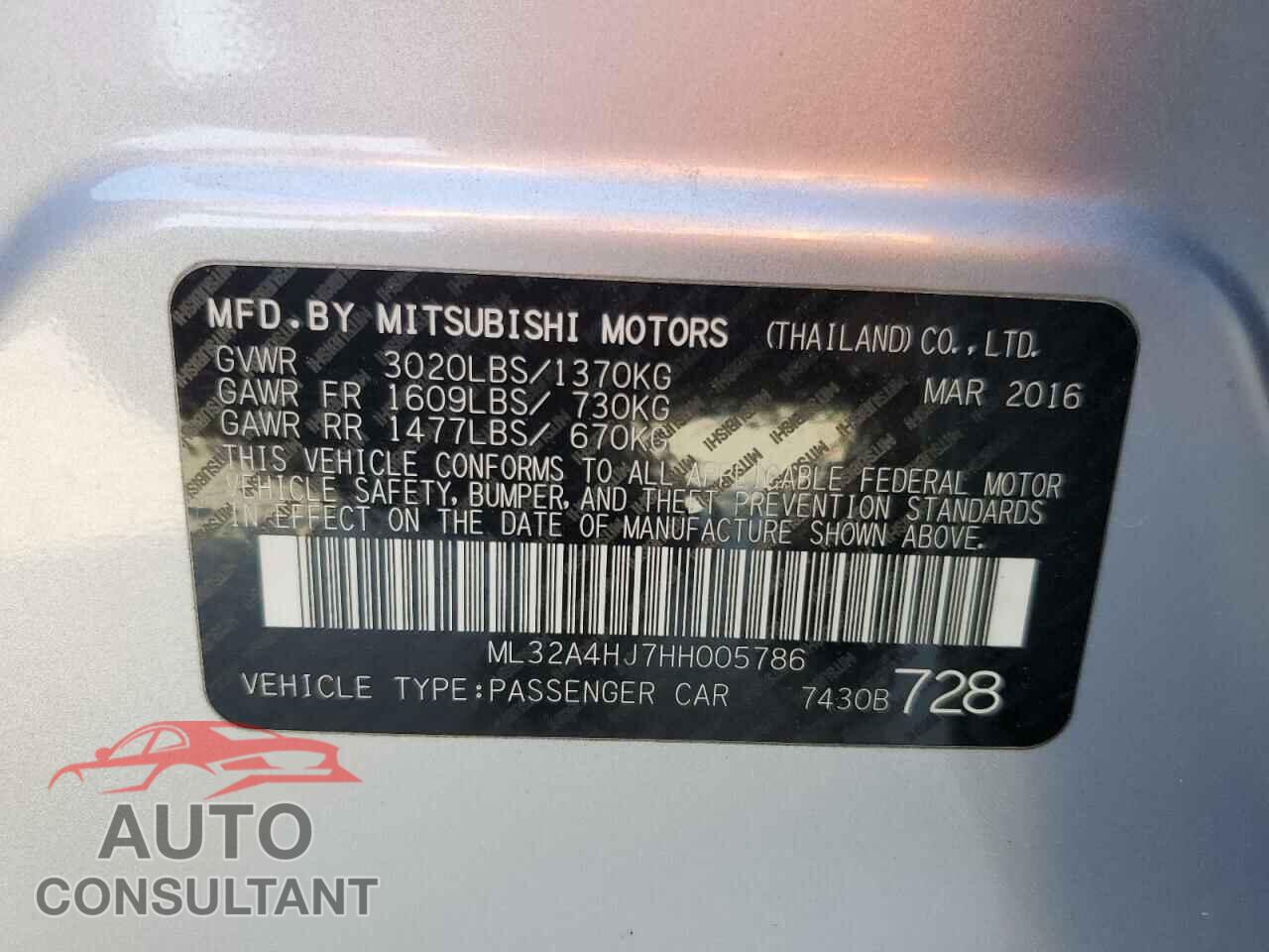 MITSUBISHI MIRAGE 2017 - ML32A4HJ7HH005786