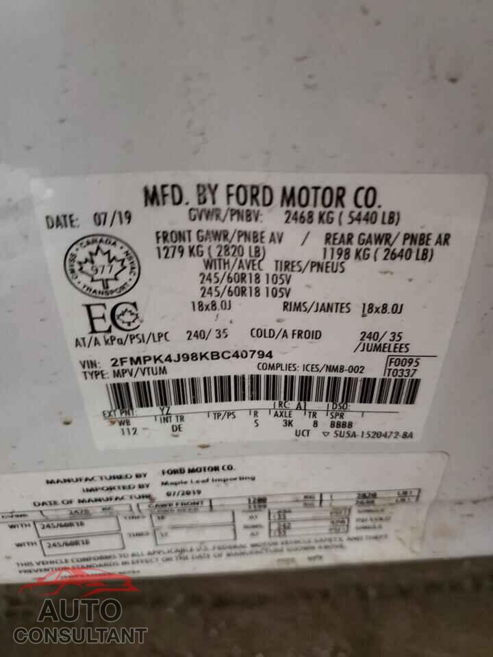FORD EDGE 2019 - 2FMPK4J98KBC40794