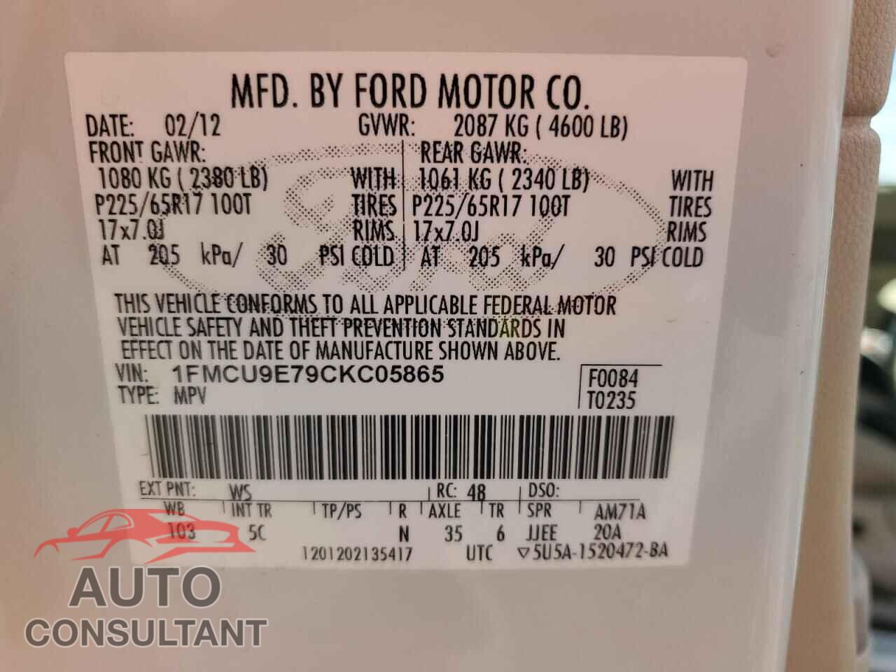 FORD ESCAPE 2012 - 1FMCU9E79CKC05865
