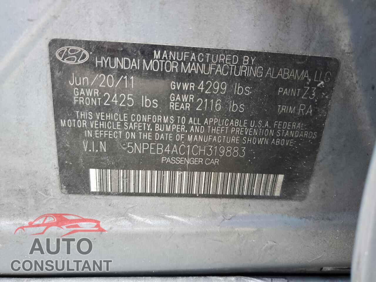 HYUNDAI SONATA 2012 - 5NPEB4AC1CH319883