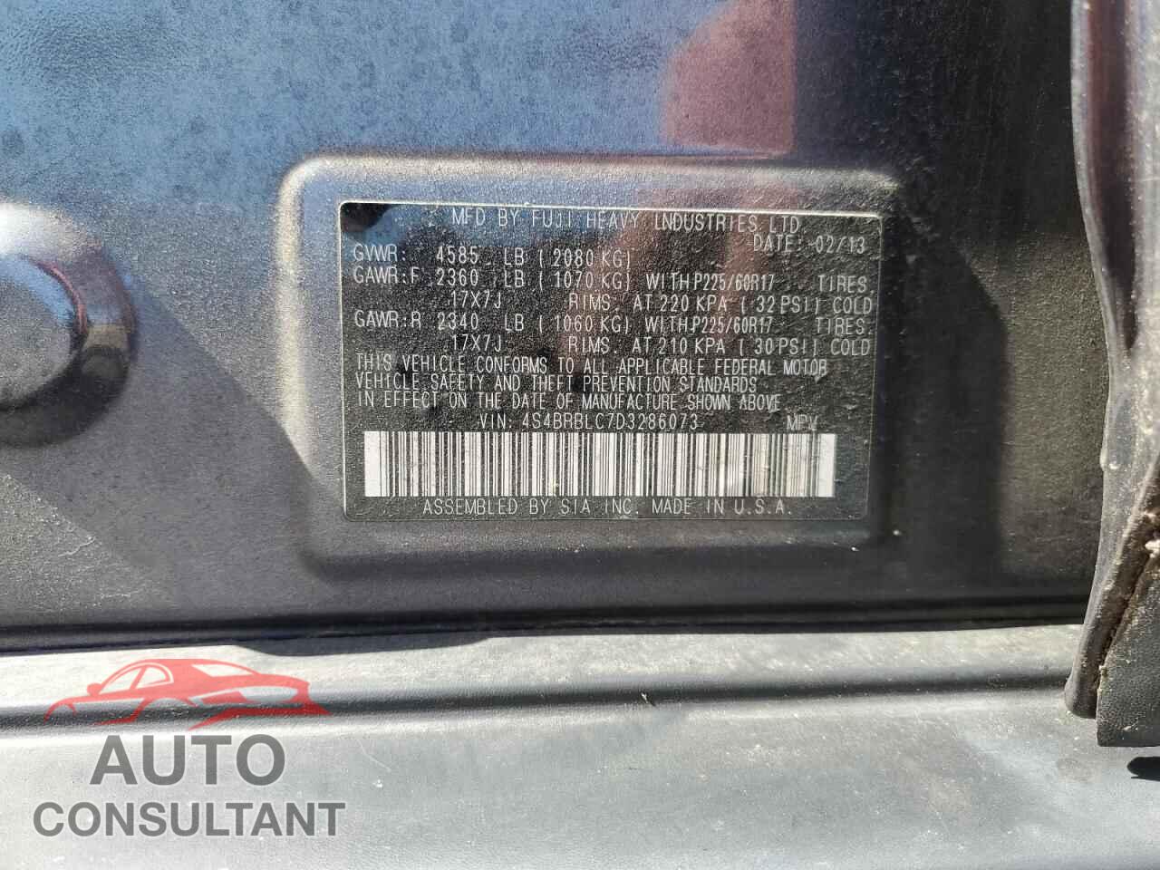 SUBARU OUTBACK 2013 - 4S4BRBLC7D3286073