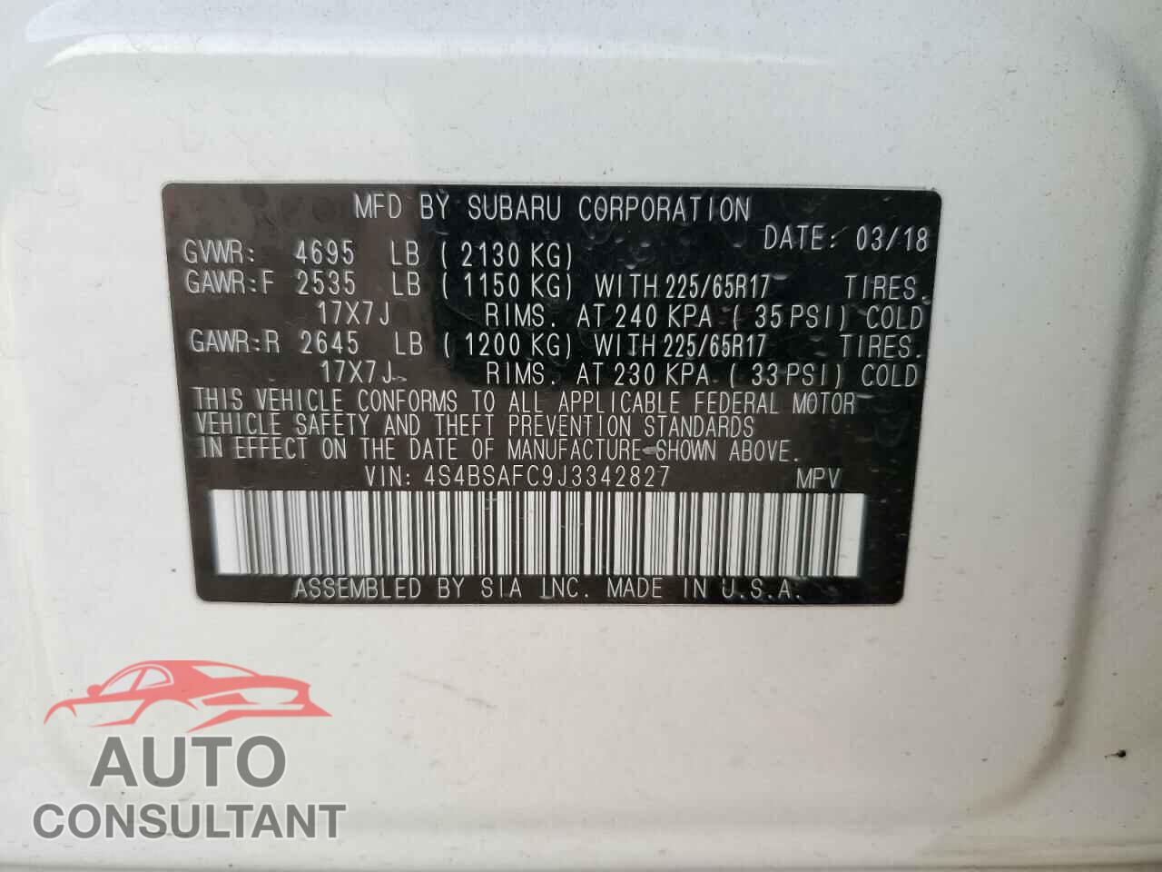 SUBARU OUTBACK 2018 - 4S4BSAFC9J3342827