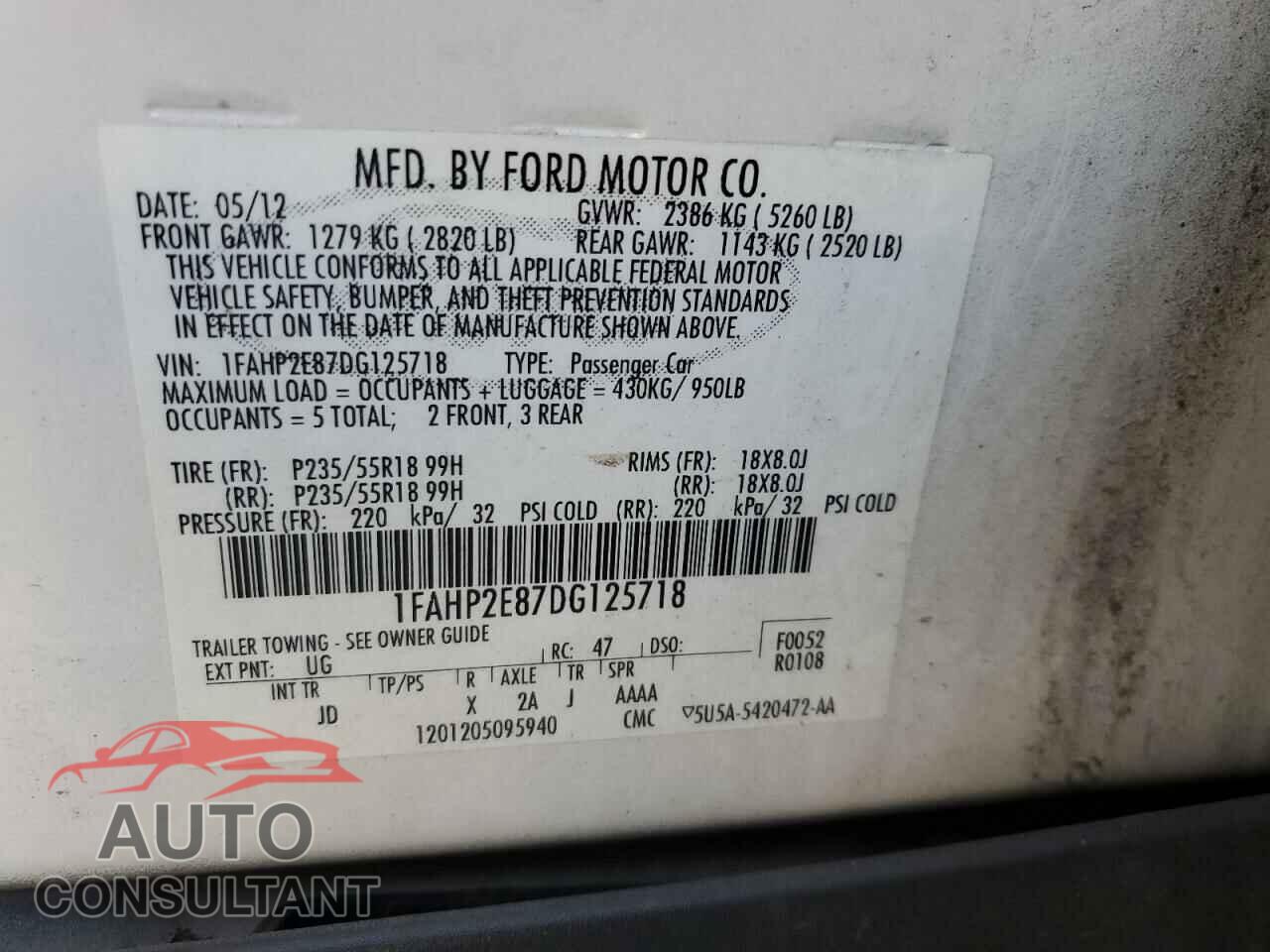 FORD TAURUS 2013 - 1FAHP2E87DG125718