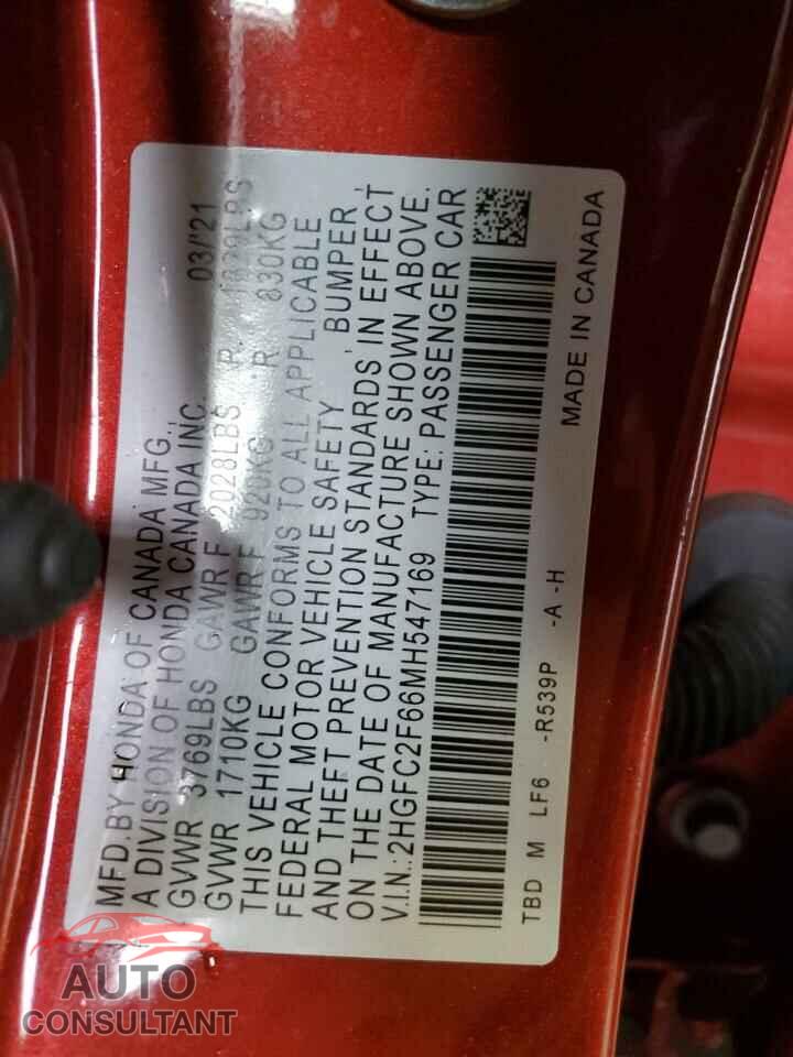 HONDA CIVIC 2021 - 2HGFC2F66MH547169