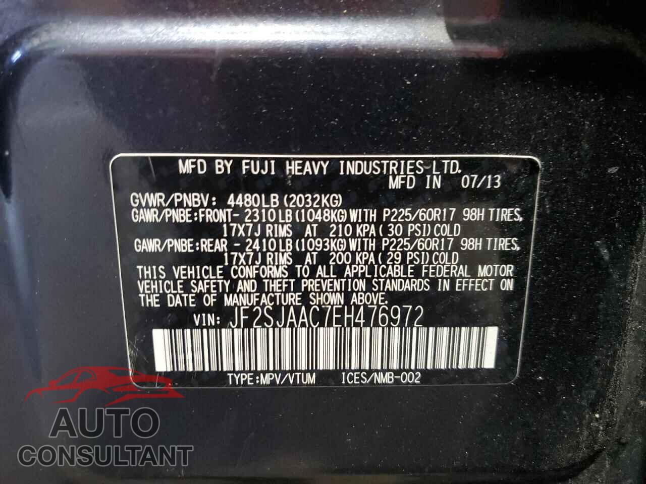 SUBARU FORESTER 2014 - JF2SJAAC7EH476972
