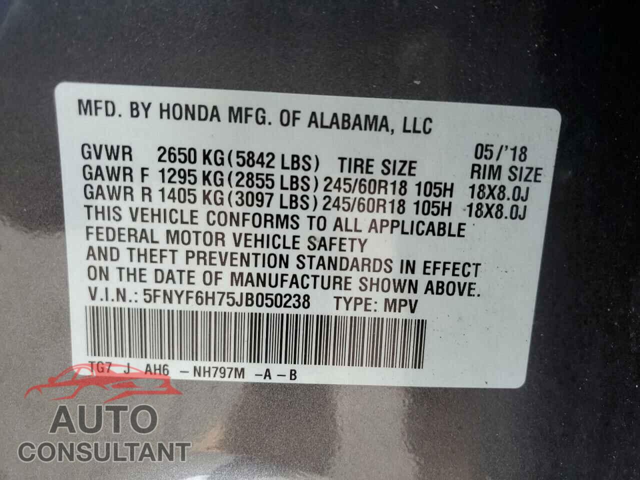 HONDA PILOT 2018 - 5FNYF6H75JB050238
