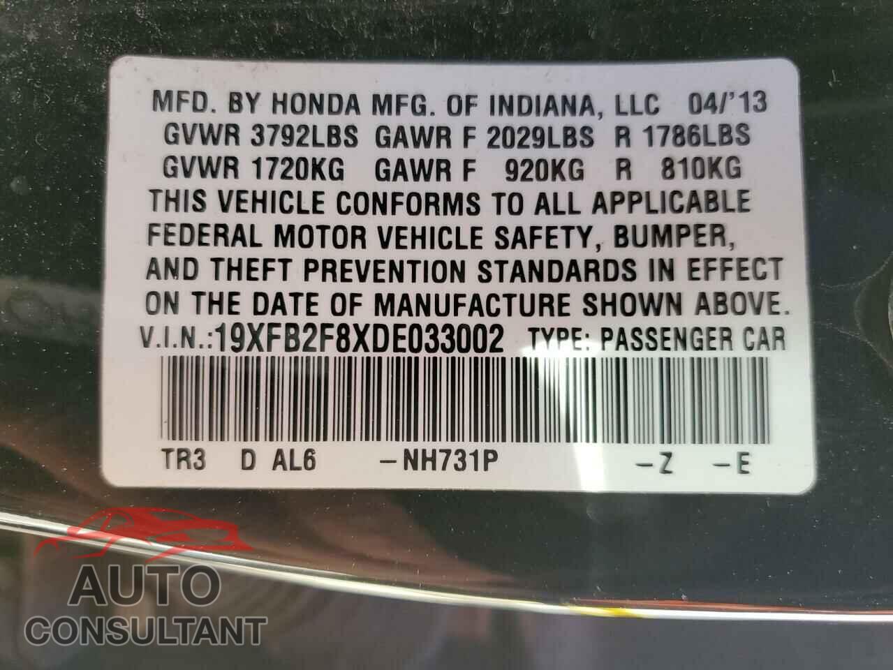 HONDA CIVIC 2013 - 19XFB2F8XDE033002
