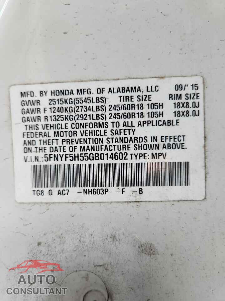 HONDA PILOT 2016 - 5FNYF5H55GB014602