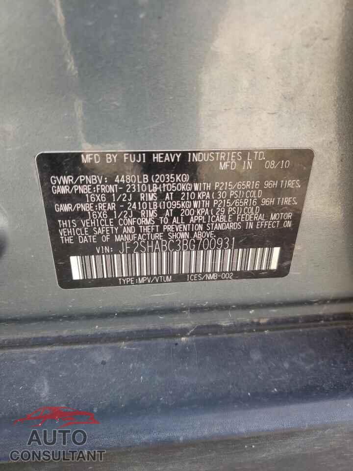 SUBARU FORESTER 2011 - JF2SHABC3BG700931