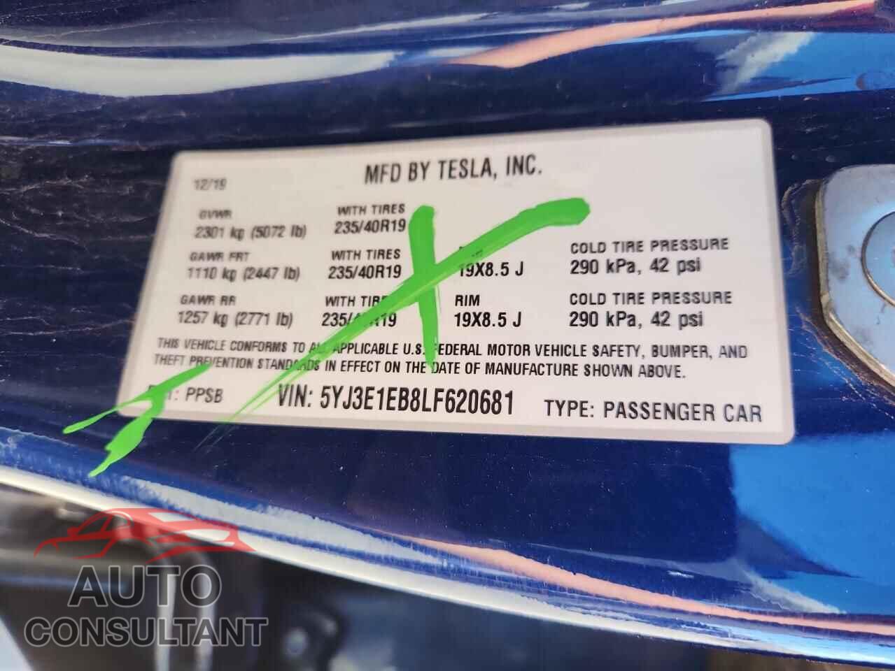 TESLA MODEL 3 2020 - 5YJ3E1EB8LF620681