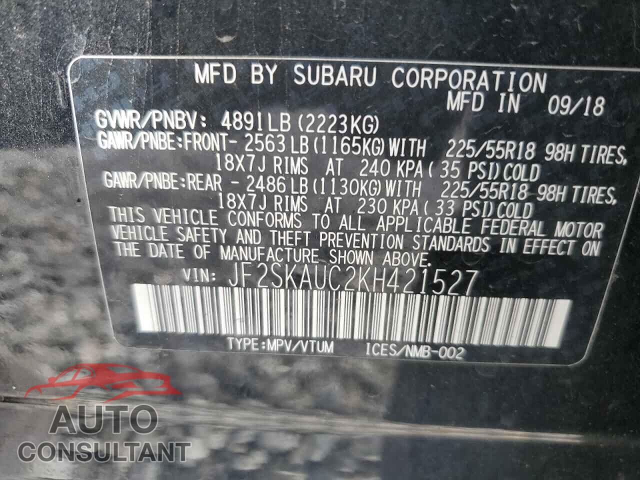 SUBARU FORESTER 2019 - JF2SKAUC2KH421527