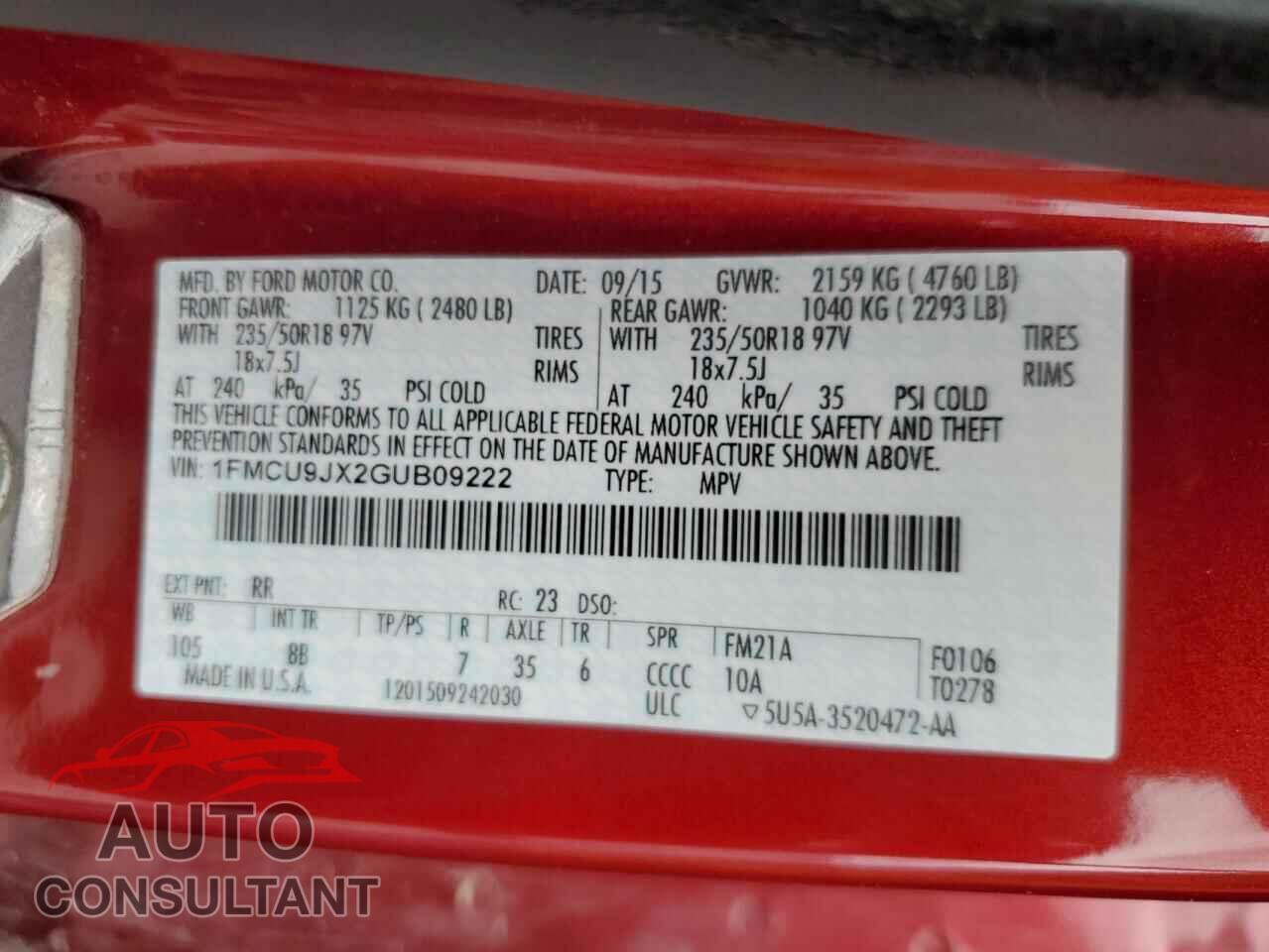 FORD ESCAPE 2016 - 1FMCU9JX2GUB09222