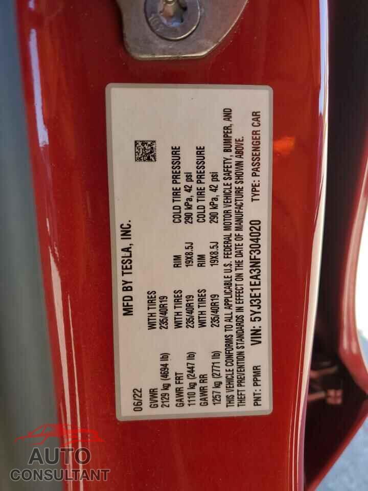 TESLA MODEL 3 2022 - 5YJ3E1EA3NF304020