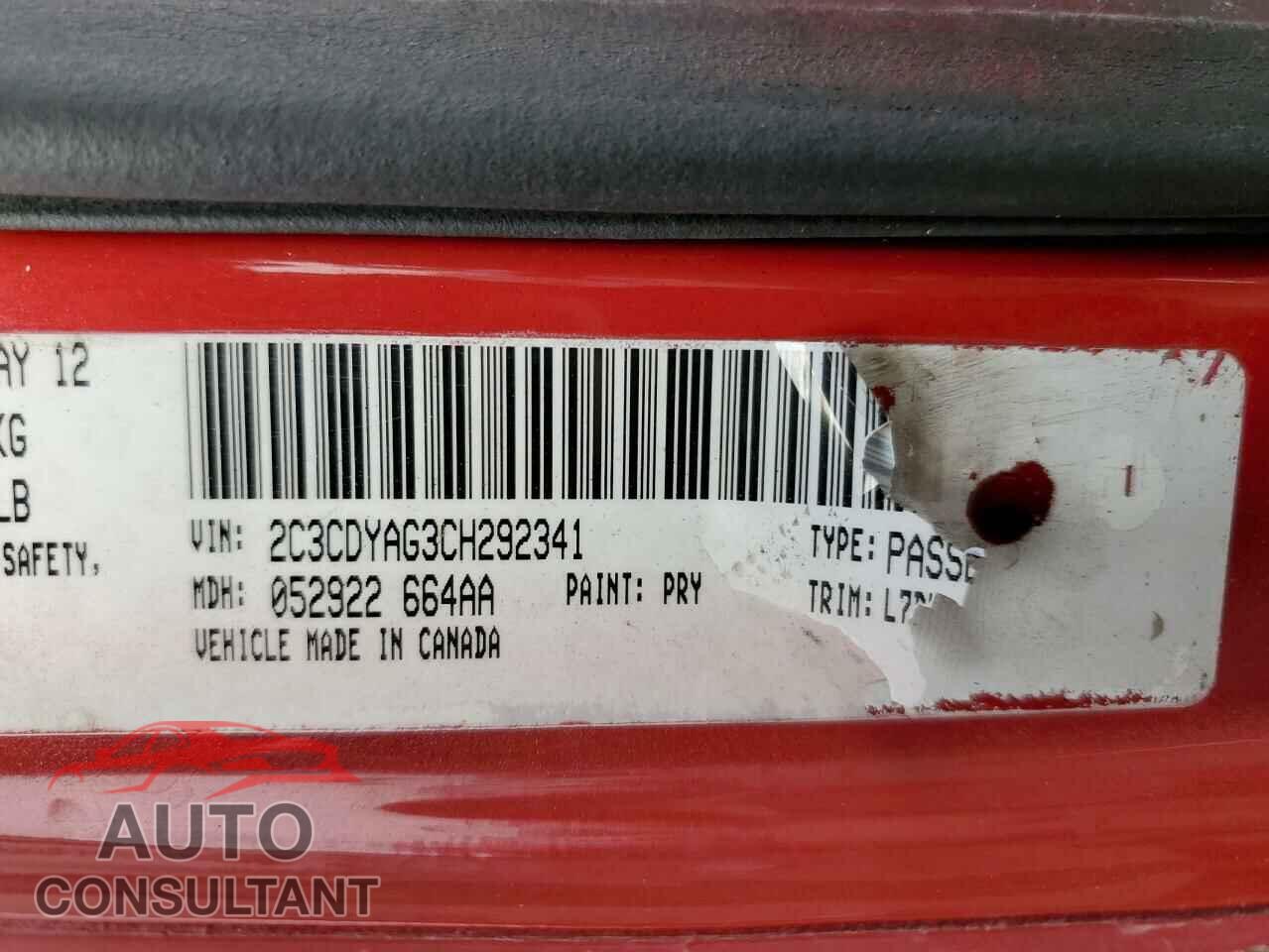 DODGE CHALLENGER 2012 - 2C3CDYAG3CH292341
