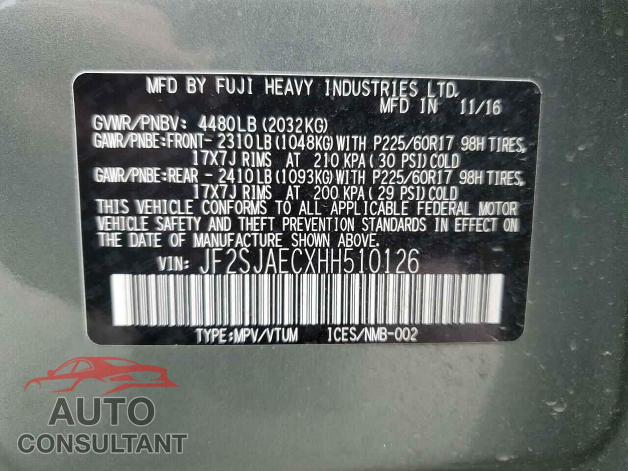 SUBARU FORESTER 2017 - JF2SJAECXHH510126
