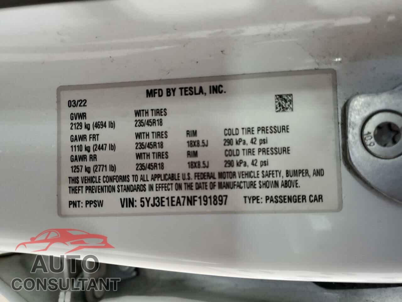 TESLA MODEL 3 2022 - 5YJ3E1EA7NF191897