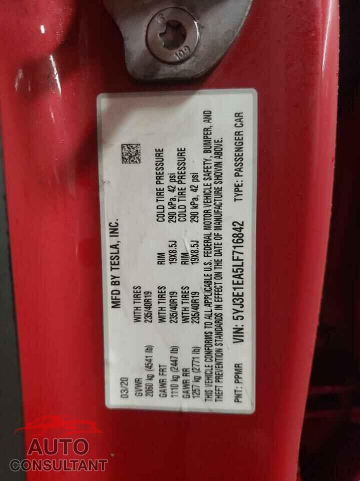 TESLA MODEL 3 2020 - 5YJ3E1EA5LF716842