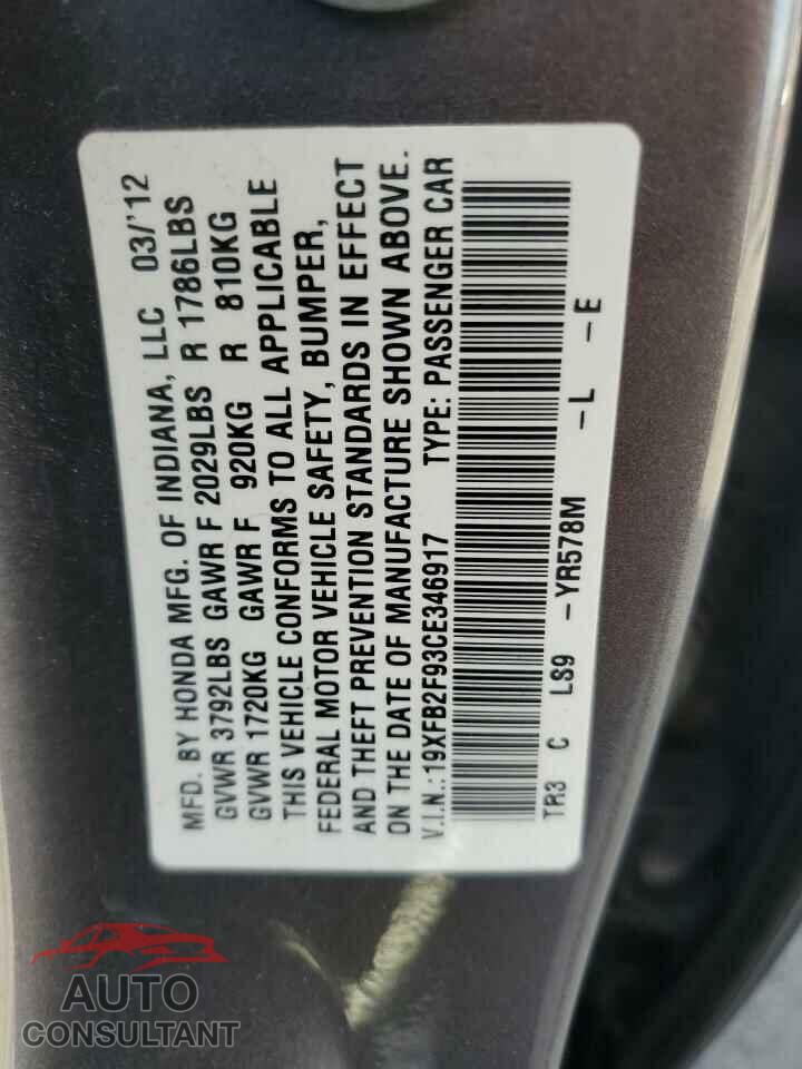 HONDA CIVIC 2012 - 19XFB2F93CE346917