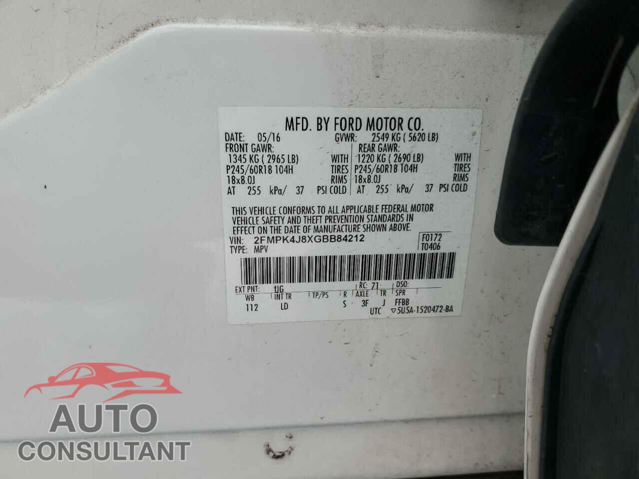 FORD EDGE 2016 - 2FMPK4J8XGBB84212