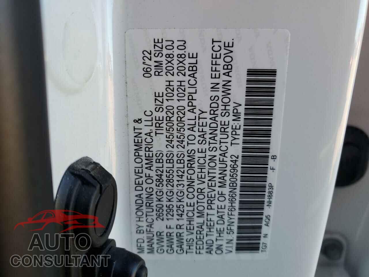 HONDA PILOT 2022 - 5FNYF6H66NB059642