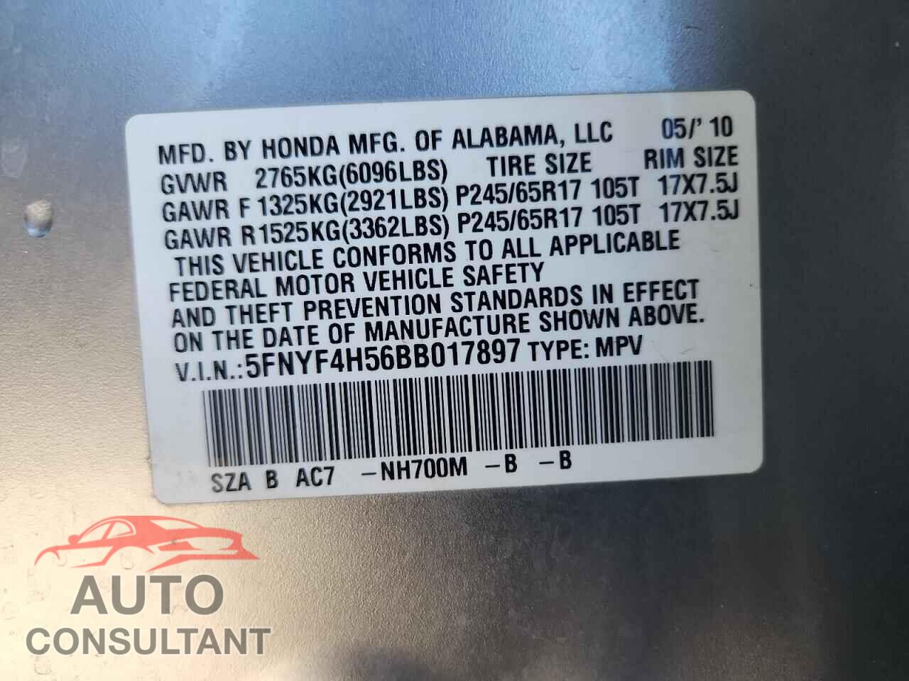 HONDA PILOT 2011 - 5FNYF4H56BB017897